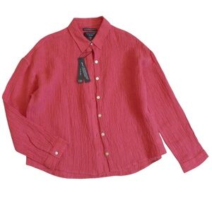 TAHARI Crinkled texture 100% European Linen Button Down Shirt